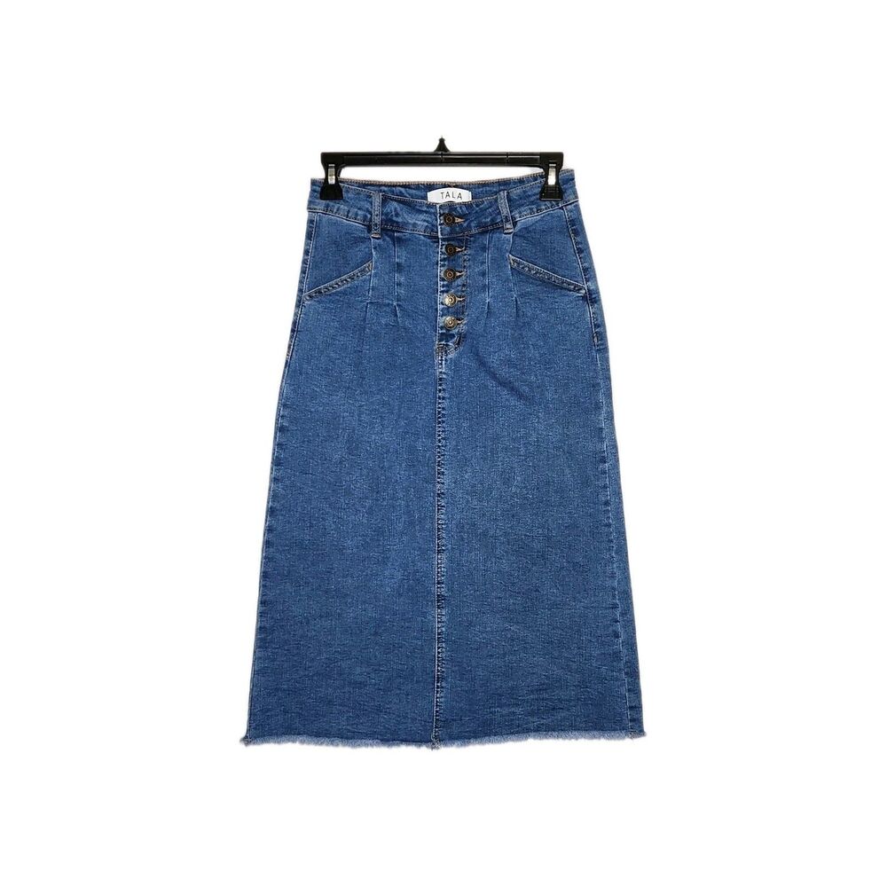 TALA Leonie Midi Denim Skirt Small Blue Raw Hem Button Fly Western Retro 80s